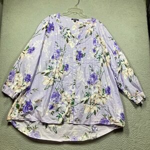 Roamans Top Womens Plus 30W Floral Print V Neck Button Front Blouse Lavender